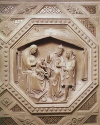 Die Anbetung der Könige, Detail vom Sockel des Tabernakels, 1349-59